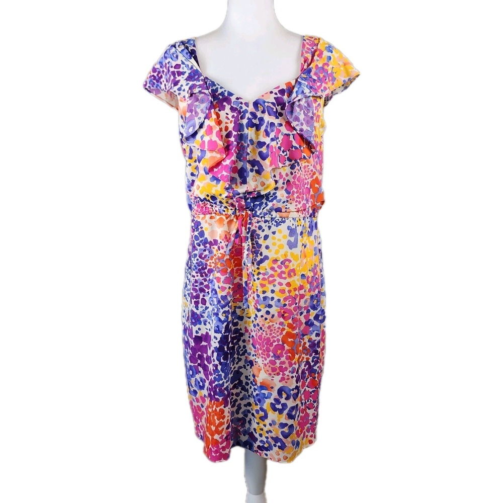 Calvin Klein Drawstring Dress Womens 6 Pink Purple Abstract Ruffle Wedding Light